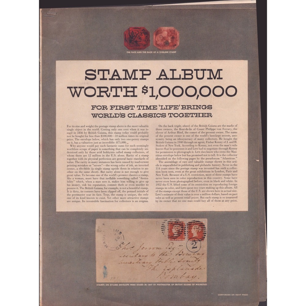 Vtg LIFE Magazine Rare Stamp Article British Guiana 1c Magenta Mauritius Postal